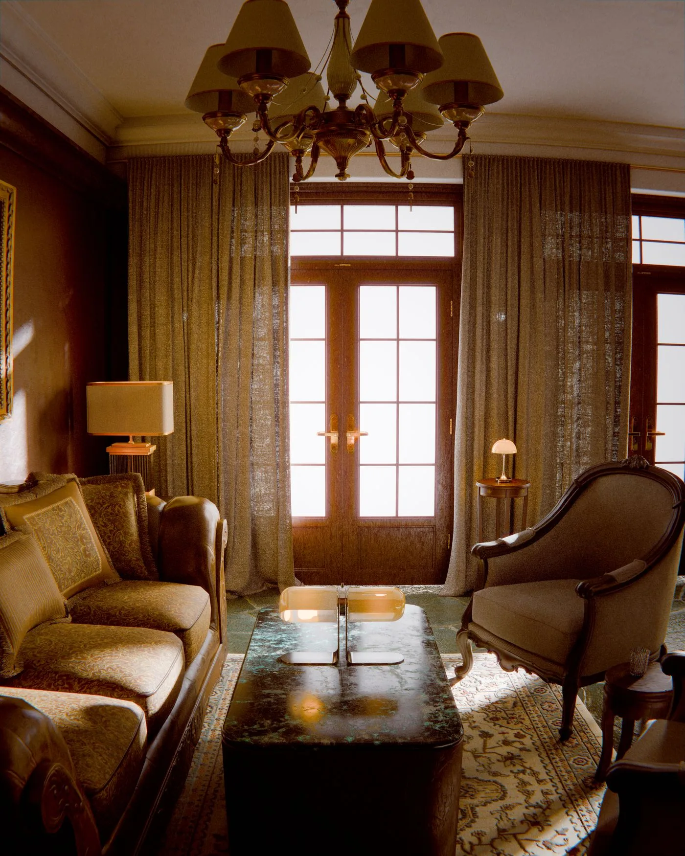 Salon de prestige avec chandelier et lumière naturelle